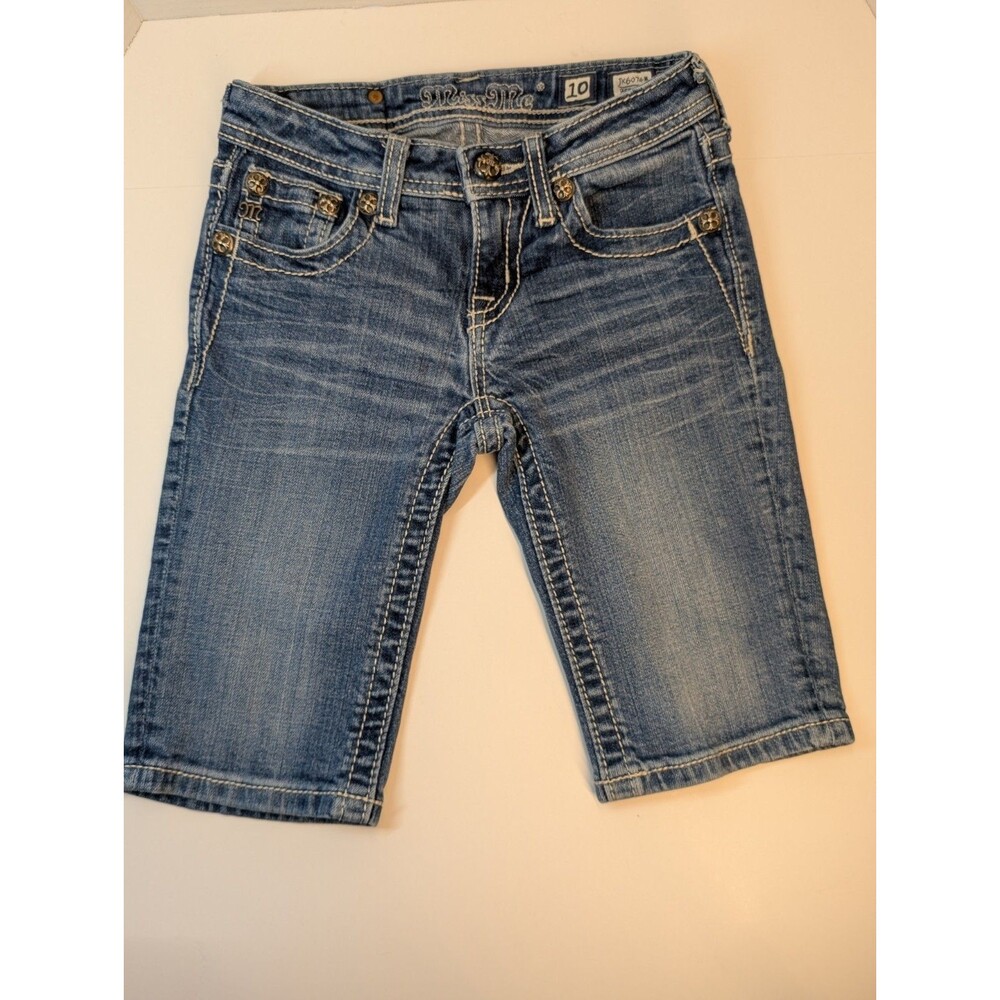 Miss Me Girl's Youth Bermuda Shorts 10 Blue JK6074m Bling Embroidered Distressed